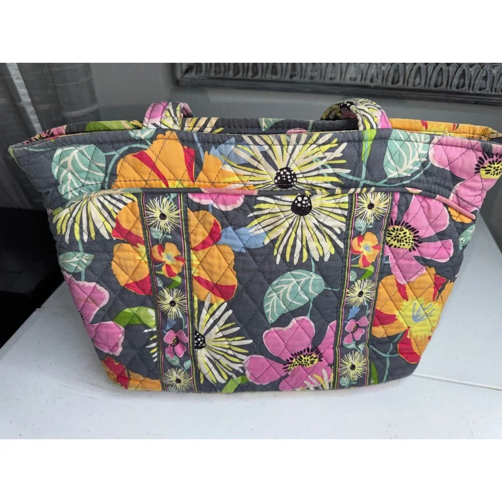 Vera Bradley Quilted Cotton Floral Tote Bag Grey Pink Yellow Shoulder Bag